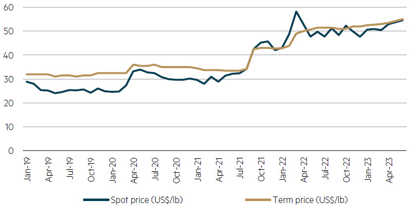 Uranium price – spot vs. term contracts (US$lb)