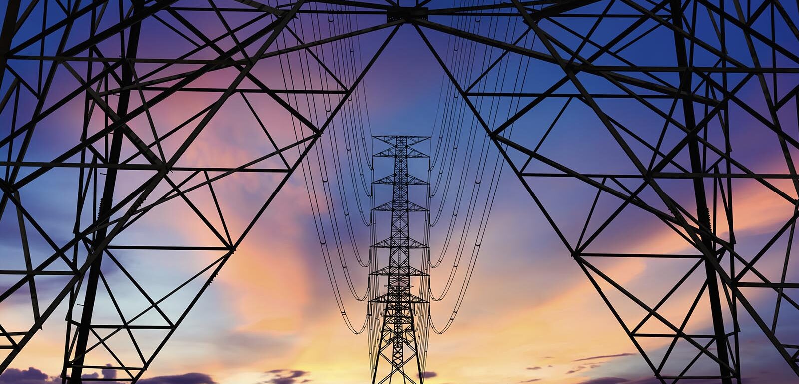 Electricity grid at late sunset