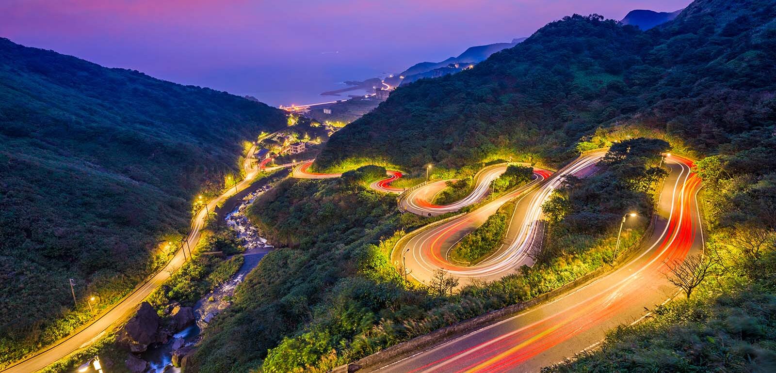 Winding road at night